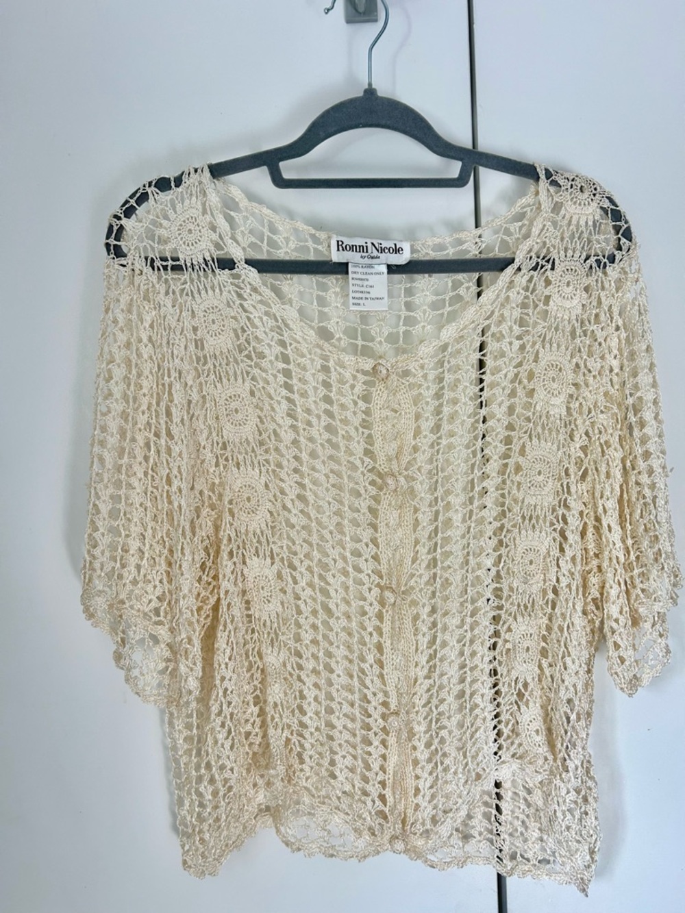 Ronni Nicole Crochet Open-Weave Button Front Top in Cream